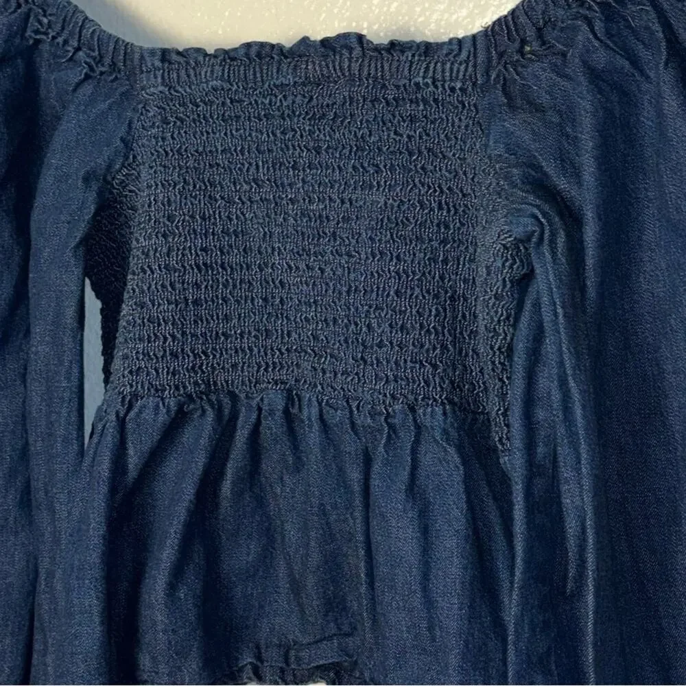 J. Crew Chambray Smocked Puffed-Sleeve Top Birch Wash (off shoulder) woman's Med